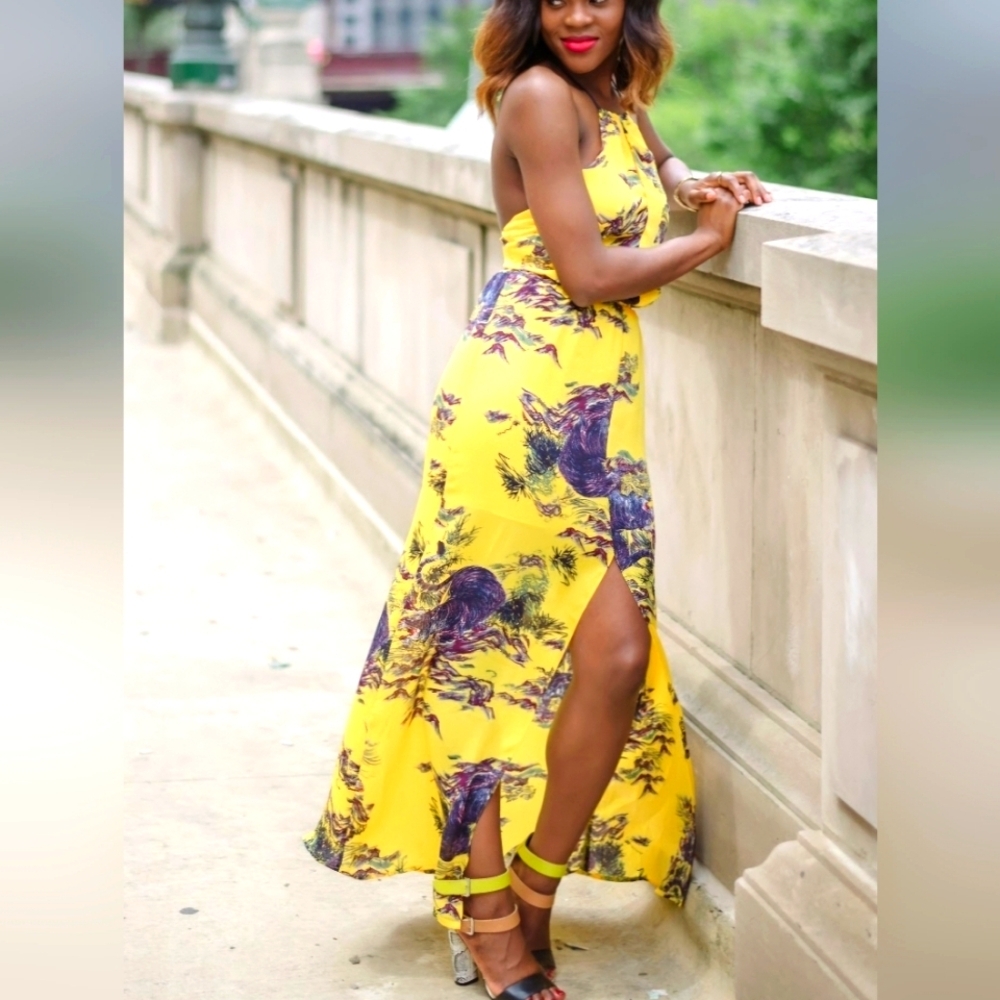 Guess Maxi Dress Yellow Purple Floral – Halter Backless Summer Dress – Size Smal